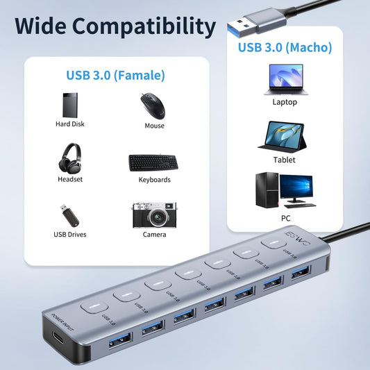 JESWO 7-Port Aluminum USB 3.0 Hub with Individual LED On/Off Switches (A307)
