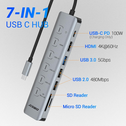 JESWO 7-IN-1 USB-C Dock with Individual LED Switches, HDMI 4K Output,100W PD, USB-A 3.0 and SD/TF Card Reader (NC705)