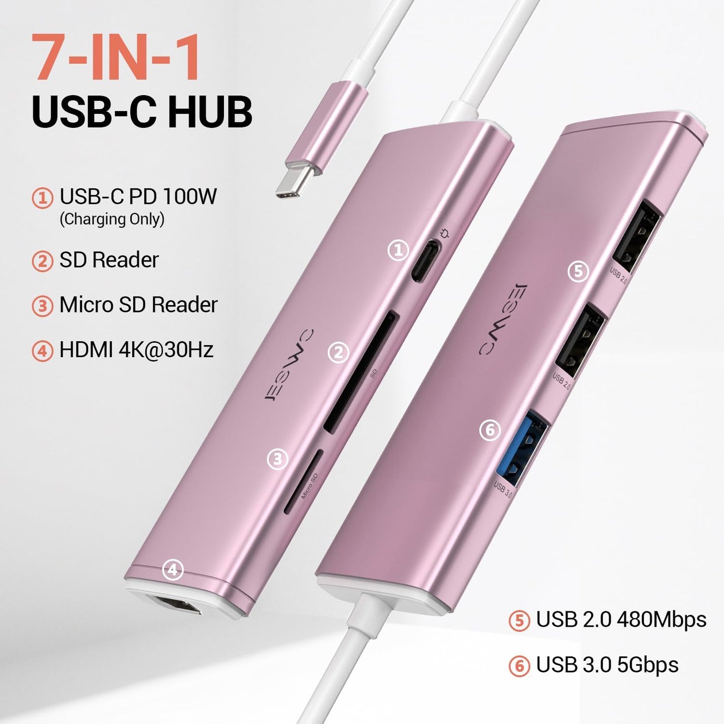 JESWO 7-IN-1 USB-C Dock with 100W Type-C Charging, 4K-HDMI, USB 3.0 Port and SD&Micro SD Card Reader (NC703, Rose Golden)