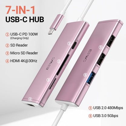 JESWO 7-IN-1 USB-C Dock with 100W Type-C Charging, 4K-HDMI, USB 3.0 Port and SD&Micro SD Card Reader (NC703, Rose Golden)