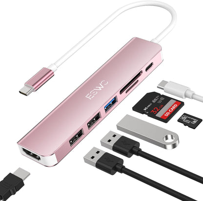JESWO 7-in-1 Dock with 4K HDMI, 2 USB-A, SD/TF Card Reader, 100W PD (NC701, Rose Gold)