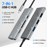JESWO 7-IN-1 USB-C Dock with 100W Type-C Charging, 4K-HDMI, USB 3.0 Port and SD&Micro SD Card Reader (NC703, Gray)