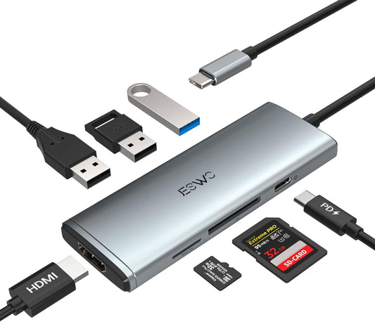 JESWO 7-IN-1 USB-C Dock with 100W Type-C Charging, 4K-HDMI, USB 3.0 Port and SD&Micro SD Card Reader (NC703, Gray)