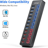 JESWO 11 Port USB 3.0 Hub with Individual LED On/Off Switches and 12V/3A Power Adapter (JE-211, US Plug)