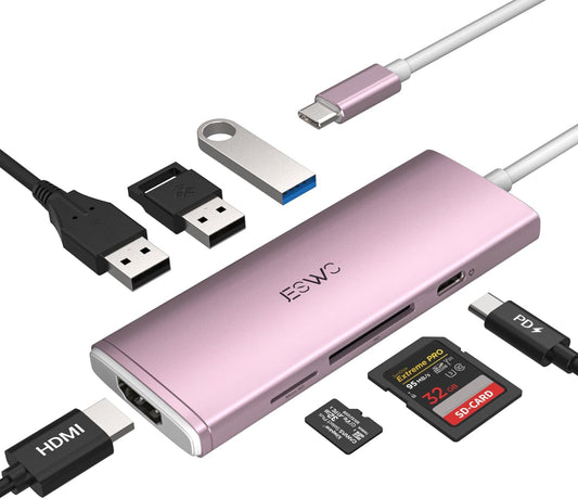 JESWO 7-IN-1 USB-C Dock with 100W Type-C Charging, 4K-HDMI, USB 3.0 Port and SD&Micro SD Card Reader (NC703, Rose Golden)