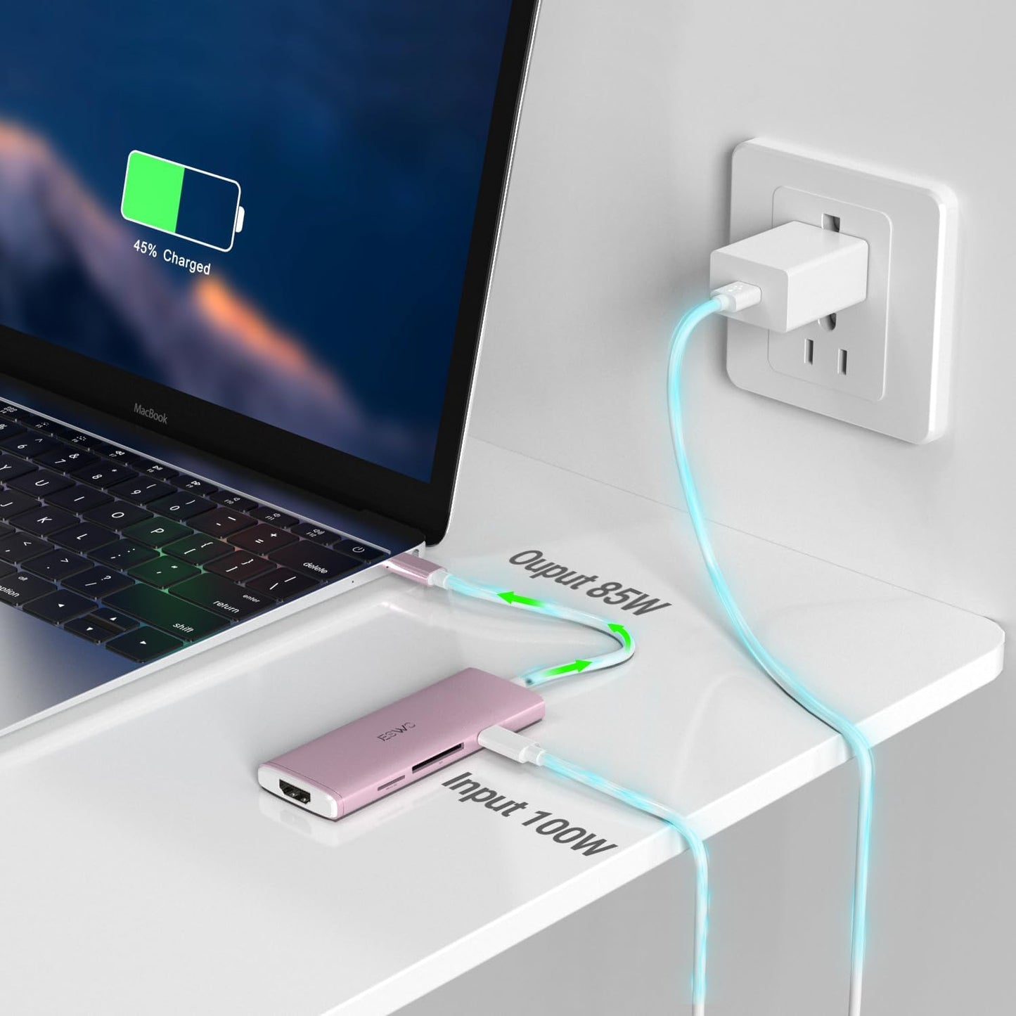 JESWO 7-IN-1 USB-C Dock with 100W Type-C Charging, 4K-HDMI, USB 3.0 Port and SD&Micro SD Card Reader (NC703, Rose Golden)