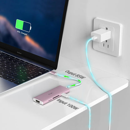 JESWO 7-IN-1 USB-C Dock with 100W Type-C Charging, 4K-HDMI, USB 3.0 Port and SD&Micro SD Card Reader (NC703, Rose Golden)