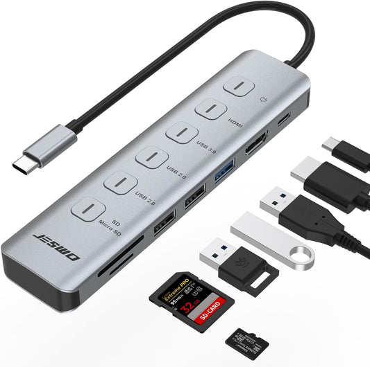 JESWO 7-IN-1  USB-C Dock with Individual LED Switches, HDMI 4K Output,100W PD, USB-A 3.0 and SD/TF Card Reader (NC705)
