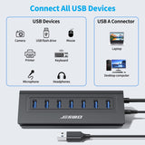 JESWO 7-Port Powered USB 3.0 Hub with 20W US Standard Power Adapter (A507, US Plug)