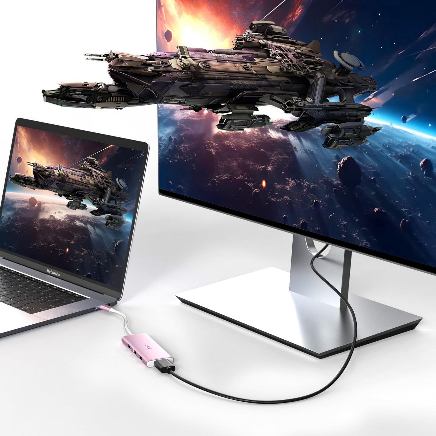 JESWO 7-IN-1 USB-C Dock with 100W Type-C Charging, 4K-HDMI, USB 3.0 Port and SD&Micro SD Card Reader (NC703, Rose Golden)