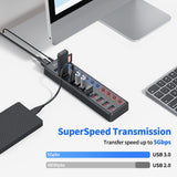 JESWO 11 Port USB 3.0 Hub with Individual LED On/Off Switches and 12V/3A Power Adapter (JE-211, US Plug)