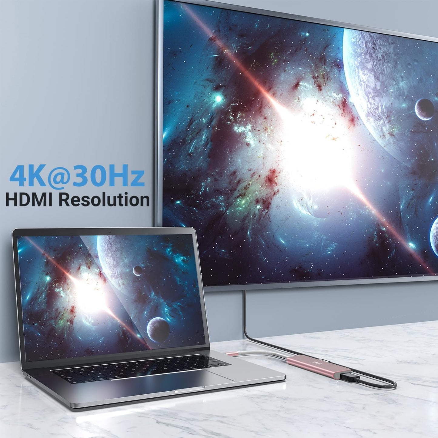 JESWO 7-in-1 Dock with 4K HDMI, 2 USB-A, SD/TF Card Reader, 100W PD (NC701, Rose Gold)