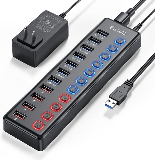 JESWO 11 Port USB 3.0 Hub with Individual LED On/Off Switches and 12V/3A Power Adapter (JE-211, US Plug)