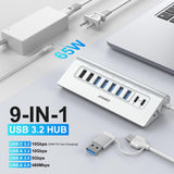 JESWO 9-Port Aluminum Powered USB 3.2/USB C Hub -Sliver（AC109）
