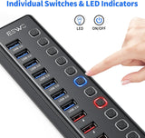 JESWO 11 Port USB 3.0 Hub with Individual LED On/Off Switches and 12V/3A Power Adapter (JE-211, US Plug)