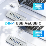 JESWO 9-Port Aluminum Powered USB 3.2/USB C Hub -Sliver（AC109）