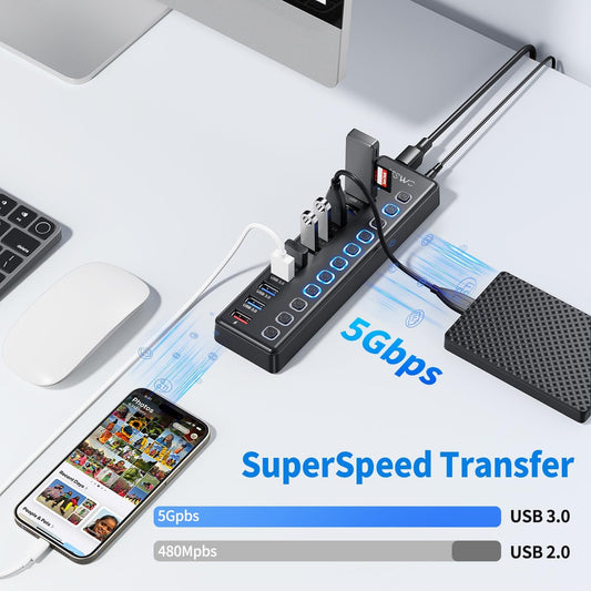 JESWO 11 Port USB 3.0 Hub with Individual LED On/Off Switches and 12V/3A Power Adapter (JE-311, US Plug)