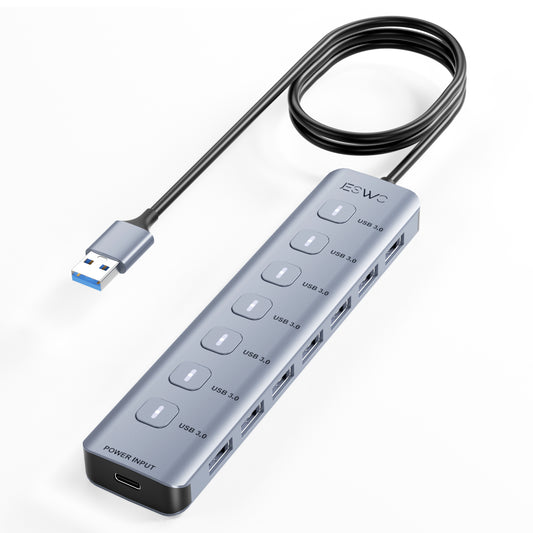 JESWO 7-Port Aluminum USB 3.0 Hub with Individual LED On/Off Switches (A307)